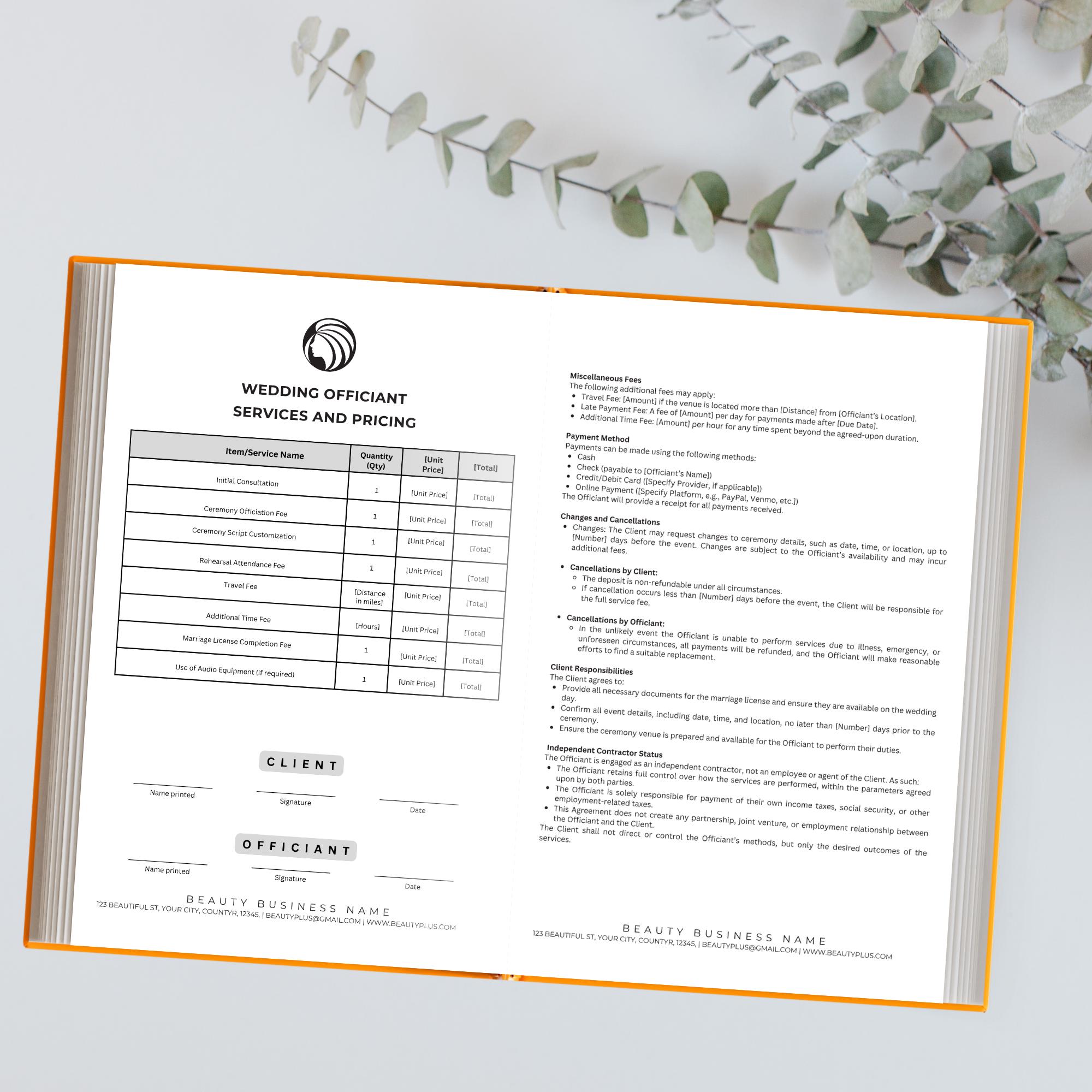 Editable Wedding Officiant Contract Template Customizable Service