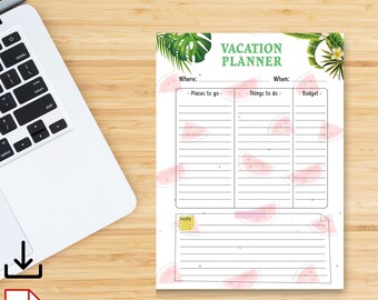 May include: A white vacation planner with a watermelon theme. The planner includes sections for places to go, things to do, and budget. Green tropical leaves and watermelon slices decorate the page. The text "VACATION PLANNER" is at the top.