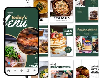 May include: A collection of food images, including pasta, pancakes, cake, and biryani, displayed in a grid layout. The images are accompanied by text such as "Today's Menu," "Best Deals," and "Menu Promo." The color scheme is primarily green and white.