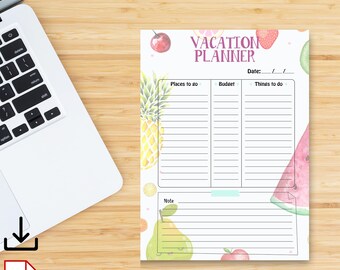 May include: A white vacation planner with watercolor fruit illustrations, including a pineapple, watermelon, and pear. The planner has sections for places to go, budget, and things to do, with the title "VACATION PLANNER". A laptop and PDF icon are in the background.