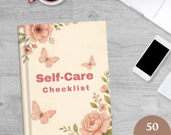 May include: A self-care checklist notebook with a cream-colored cover featuring pink floral and butterfly illustrations. The words "Self-Care Checklist" are printed in pink. The notebook has 50 pages.