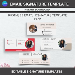 May include: A pack of editable email signature templates. The templates feature various designs with space for contact information, profile photos, and company logos. The text includes "EMAIL SIGNATURE TEMPLATE" and "INSTANT DOWNLOAD".