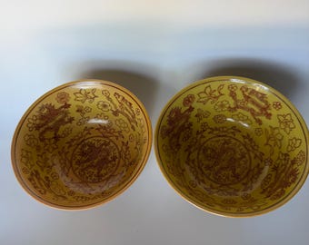 Pair Antique Chinese Porcelain Ju Ren Tang Yellow Dragon Bowls Republic Period