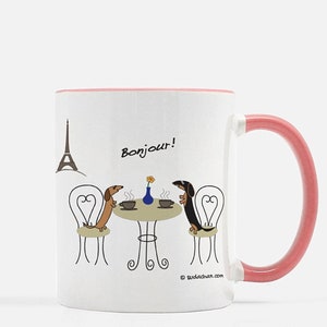 Dachshunds in Paris Cafe Pink and White 11oz Ceramic Mug