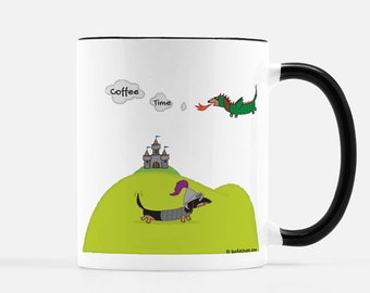 Dachshund Dragon and Knight 11oz Ceramic Double Sided Mug - Choose Smoke Puff Message