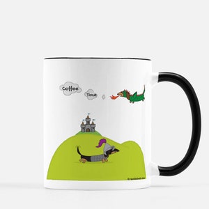 Dachshund Dragon and Knight 11oz Ceramic Double Sided Mug - Choose Smoke Puff Message