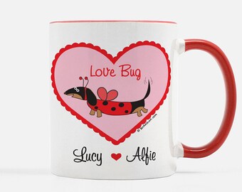 Personalized Dachshund Ladybug Love Bug Valentine's Day Ceramic Mug 11oz. - Black and Tan Dachshund