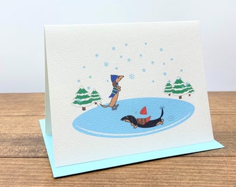 Dachshund Winter/Holiday Note Cards - Dachshunds on Frozen Pond (Set of 10)