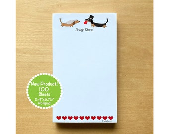 Dachshunds with Hearts - Small Personalized Bride.Groom.Notepad.Wedding.Bridal Shower Gift 3.4" x 5.75" - Lined or Unlined