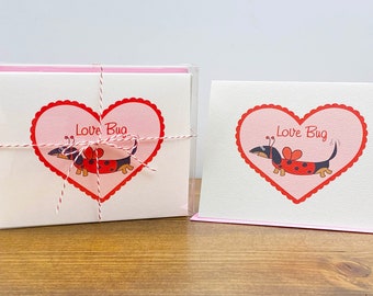 Dachshund Ladybug Valentine's Day Card Love Bug . Black and Tan - Message Inside (Set of 10)