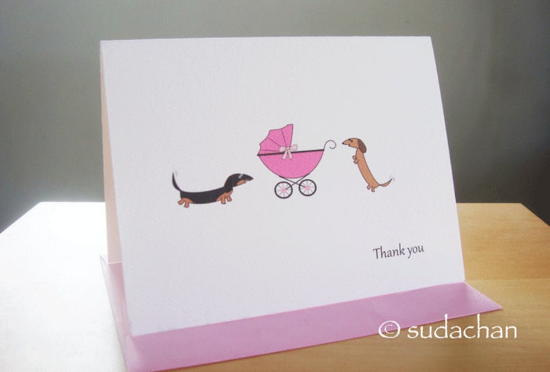 Dachshunds with Baby Buggy.Carrier.Stroller.Pram Note Cards Choose Your Color set of 10
