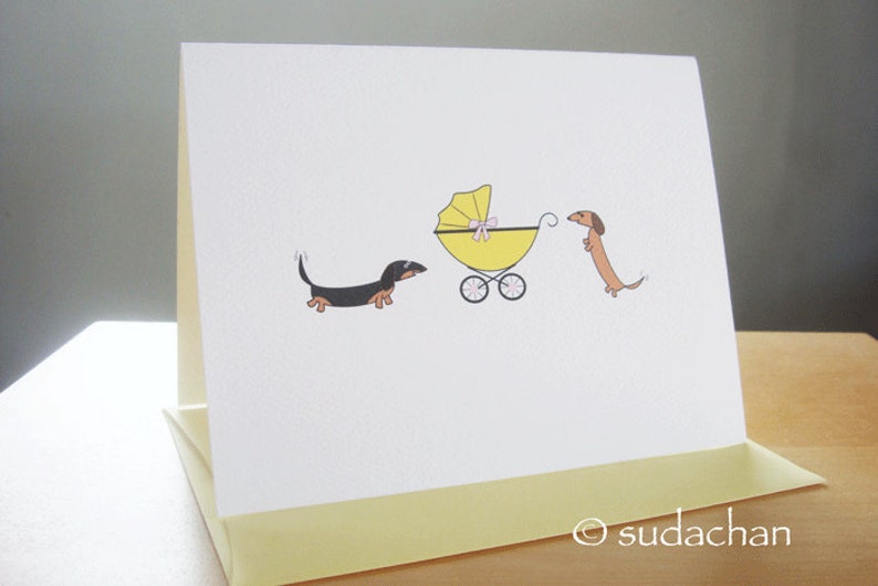Dachshunds with Baby Buggy.Carrier.Stroller.Pram Note Cards Choose Your Color set of 10