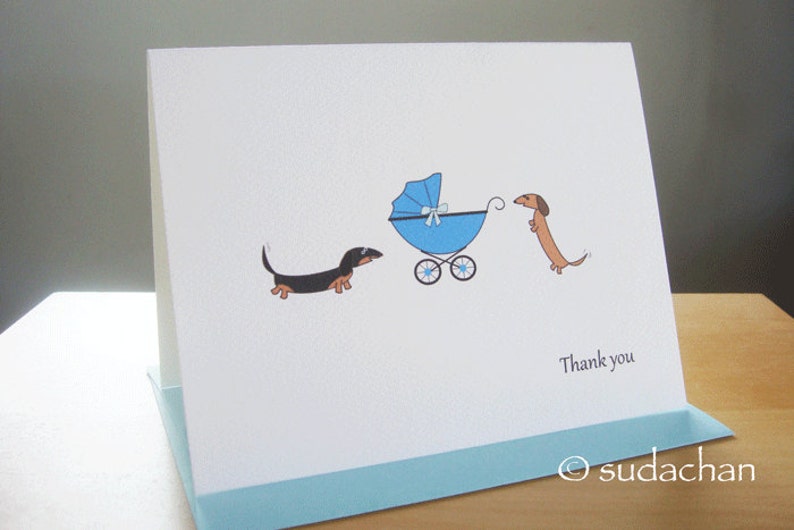 Dachshunds with Baby Buggy.Carrier.Stroller.Pram Note Cards Choose Your Color set of 10