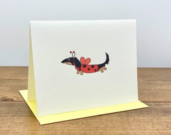 Long Haired Dachshund Dressed as Ladybug Black Tan -  Note Cards (set of 10)