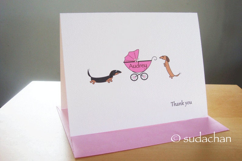 Dachshunds with Baby Buggy.Carrier.Stroller.Pram Note Cards Choose Your Color set of 10