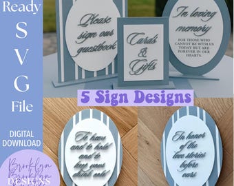 5 Elegant Wedding Signs SVG File with Stands : Laser Cut Design (Digital Download)