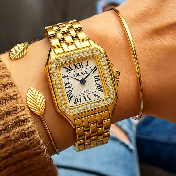 Vintage‎ Gold Women\'s Watch with Crystal Details Elegant Gold Rhinestone Bracelet Watch:oval Dial and Crystal  main image 3
