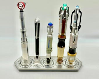 Sonic Screwdriver Stand For Display - Tennant, Smith, Capaldi, Laser, Pen, RTD, RTD2, Laser cut with Gallifreyan text in Metallic Acrylic