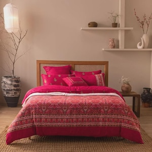 Bohemian Red Floral Bedding Set | Queen Size Cotton Duvet Cover with Pillow Shams | Handmade Indian Block Print Quilt