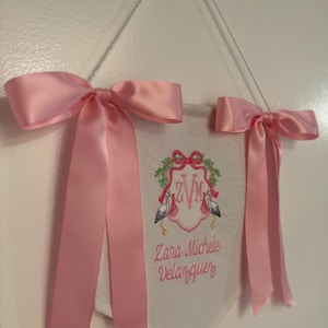 Custom Embroidered Baby Birth Announcement Banner: Stork & Bows