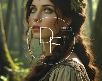 May include: A portrait of a woman with long brown hair, green eyes, and a floral hairpiece. She wears a decorative headpiece and earrings. The image has a soft focus with a forest background. The image includes the text "SHOP" and "2025".