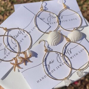 Hammered Hoop Earrings with White Quartz, Starfish or Shell.