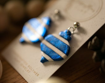 Blue & White Ornament Earrings | Polymer Clay Earrings | Stainless Steel | Dangle Earrings | Lightweight | Handmade | Christmas Earrings |