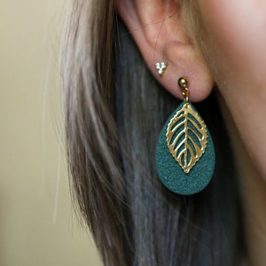 Deep Teal/Green Gold Leaf Earrings | Polymer Clay Earrings | Stainless Steel | Fall Dangle Earrings | Lightweight | Handmade |Autumn |