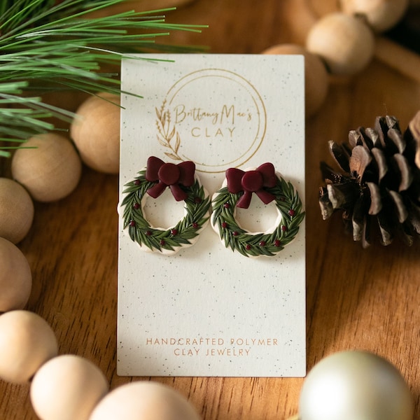 Christmas Wreath Studs | Polymer Clay Earrings | Stainless Steel | Stud Earrings | Lightweight | Handmade | Christmas Earrings