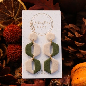 Green & Ivory Geometric Earrings | Polymer Clay Earrings | Stainless Steel | Fall Dangle Earrings | Lightweight | Handmade | Autumn
