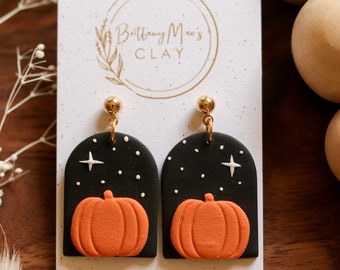 Pumpkin Night Sky Earrings | Polymer Clay Earrings | Stainless Steel | Dangle Earrings | Lightweight | Handmade | Fall |