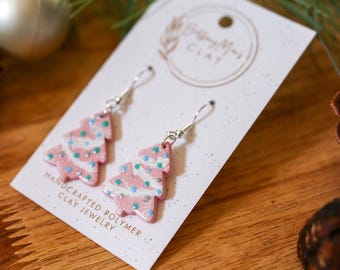 Pink Christmas Tree Earrings | Polymer Clay | Stainless Steel | Dangle Earrings | Lightweight | Handmade | Holiday | Winter