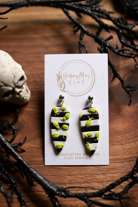 Striped Beetle Earrings Polymer Clay Earrings Stainless Steel