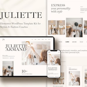 May include: A digital mockup of a website design, featuring the name "JULIETTE" and the text "Elementor WordPress Template Kit for Stylists & Fashion Coaches." The design includes a tablet and smartphone displaying website layouts with fashion-related imagery.