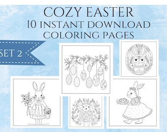 Cozy Easter Coloring Pages, Set 2, Hand-Drawn Illustrations (Instant Download) Printable