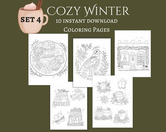 Cozy Winter Coloring Pages, Set 4, Printable, Hand-Drawn Scandi Hygge (Instant Download)