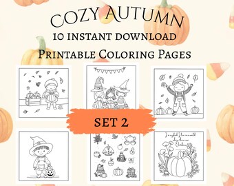 Cozy Autumn Halloween Coloring Pages, Hand-Drawn Illustrations (Set 2, Instant Download)