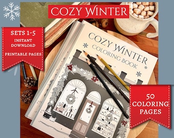 50 Cozy Winter Coloring Pages, Sets 1- 5, Printable, Instant Download, Adult Coloring, Relaxing, Scandi, Hygge, Christmas Coloring Book