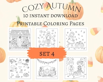 Cozy Autumn Halloween Coloring Pages, Hand-Drawn Illustrations (Digital Download)Set 4