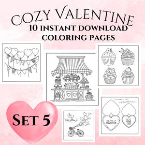 10 Cozy Valentine Coloring Pages, Set 5, Hand-drawn, Instant Download, Adult Coloring, Valentine Coloring Pages, Printable, Color Book