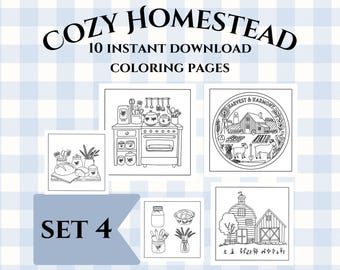 Cozy Homestead Coloring Pages, Set 4 Hand-Drawn Illustrations (Printable Download)