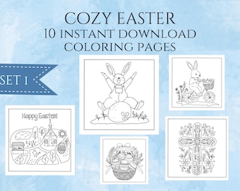 Cozy Easter Coloring Pages, Set 1, Hand-Drawn Illustrations (Digital Download) Printable