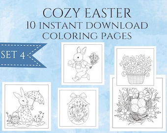 Cozy Easter Coloring Pages, Set 4, Hand-Drawn Illustrations (Instant Download) Printable