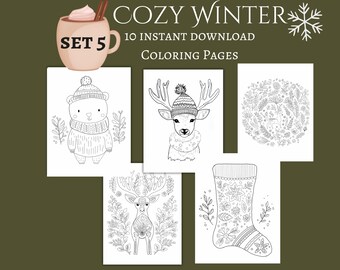 Cozy Winter Coloring Pages, Set 5, Printable, Hand-drawn Scandi Hygge Designs (Instant Download)