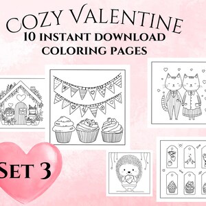 10 Cozy Valentine Coloring Pages, Set 3, Hand-drawn, Instant Download, Adult Coloring, Valentine Coloring Pages, Printable, Color Book