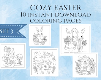 10 Hand-Drawn Cozy Easter Coloring Pages, Set 3 (Instant Download) Printable
