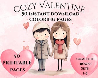 50 Cozy Valentine Coloring Pages, Sets 1-5, Hand-drawn, Instant Download, Adult Coloring, Valentine Coloring Pages, Printable, Color Book