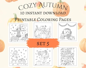 Cozy Autumn Halloween Coloring Pages, Hand-Drawn Illustrations (Set 5 Digital Download)