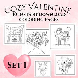 10 Cozy Valentine Coloring Pages, Sets 1, Hand-drawn, Instant Download, Adult Coloring, Valentine Coloring Pages, Printable, Color Book