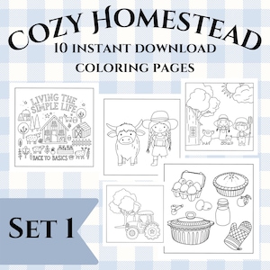 10 Cozy Homestead Coloring Pages, Set 1 Instant Download, kids and adult coloring pages, Printable, Kids Coloringbook, Farmlife, Hand-drawn